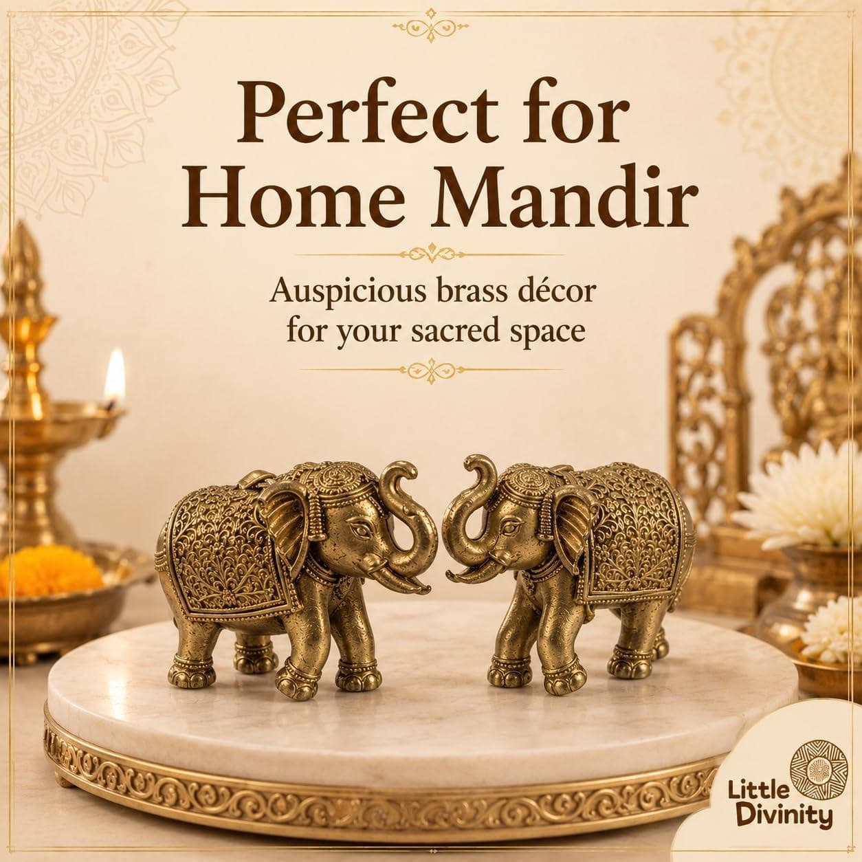 Mini Brass Elephant Idol Pair for Home Décor, Pooja Room & Mandir | Small Decorative Elephant Figurines Set of 2 | Brass Showpiece for Desk, Shelf, Gifting & Spiritual Décor 3