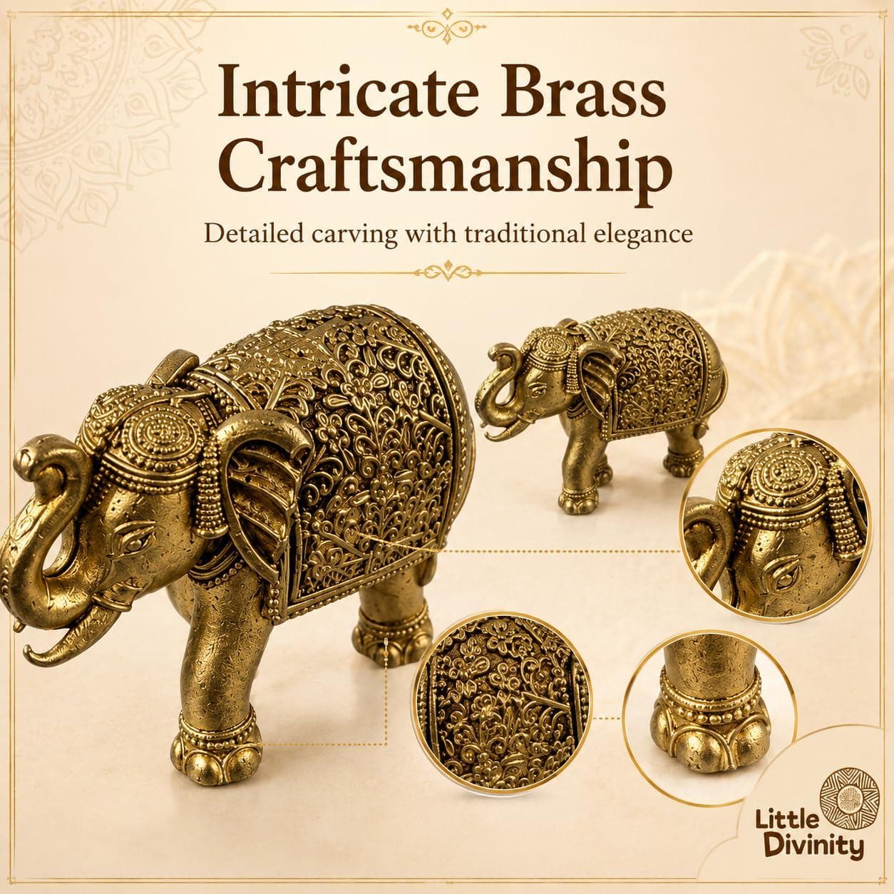Mini Brass Elephant Idol Pair for Home Décor, Pooja Room & Mandir | Small Decorative Elephant Figurines Set of 2 | Brass Showpiece for Desk, Shelf, Gifting & Spiritual Décor 4