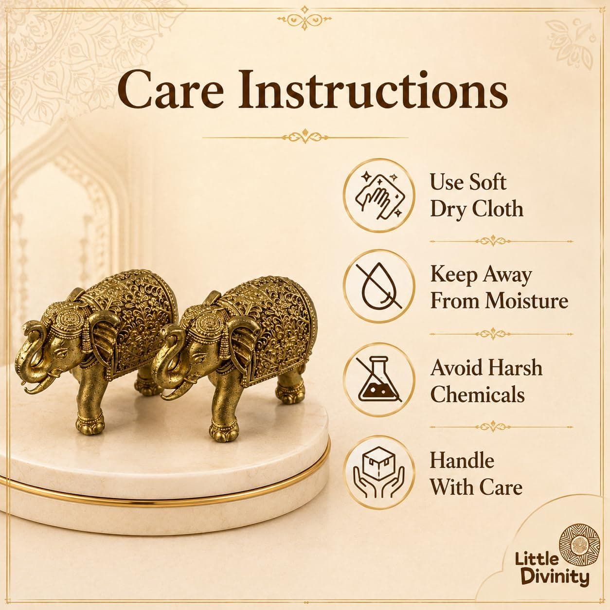 Mini Brass Elephant Idol Pair for Home Décor, Pooja Room & Mandir | Small Decorative Elephant Figurines Set of 2 | Brass Showpiece for Desk, Shelf, Gifting & Spiritual Décor 6