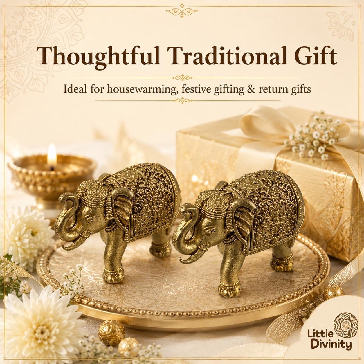 Mini Brass Elephant Idol Pair for Home Décor, Pooja Room & Mandir | Small Decorative Elephant Figurines Set of 2 | Brass Showpiece for Desk, Shelf, Gifting & Spiritual Décor 7