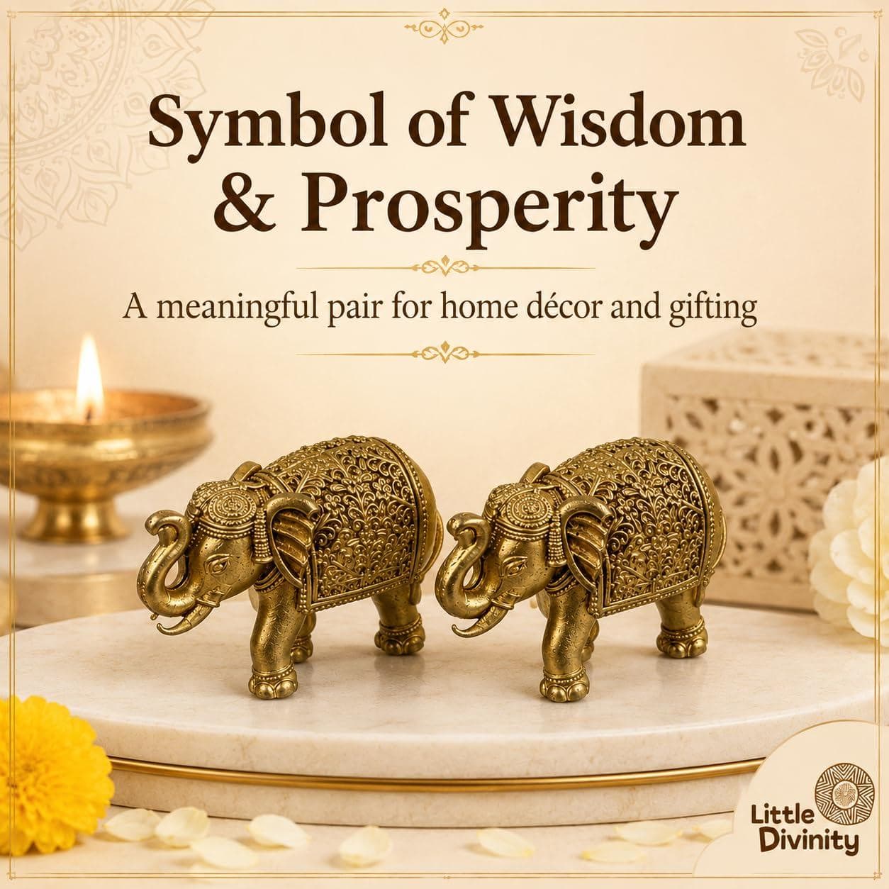 Mini Brass Elephant Idol Pair for Home Décor, Pooja Room & Mandir | Small Decorative Elephant Figurines Set of 2 | Brass Showpiece for Desk, Shelf, Gifting & Spiritual Décor 8