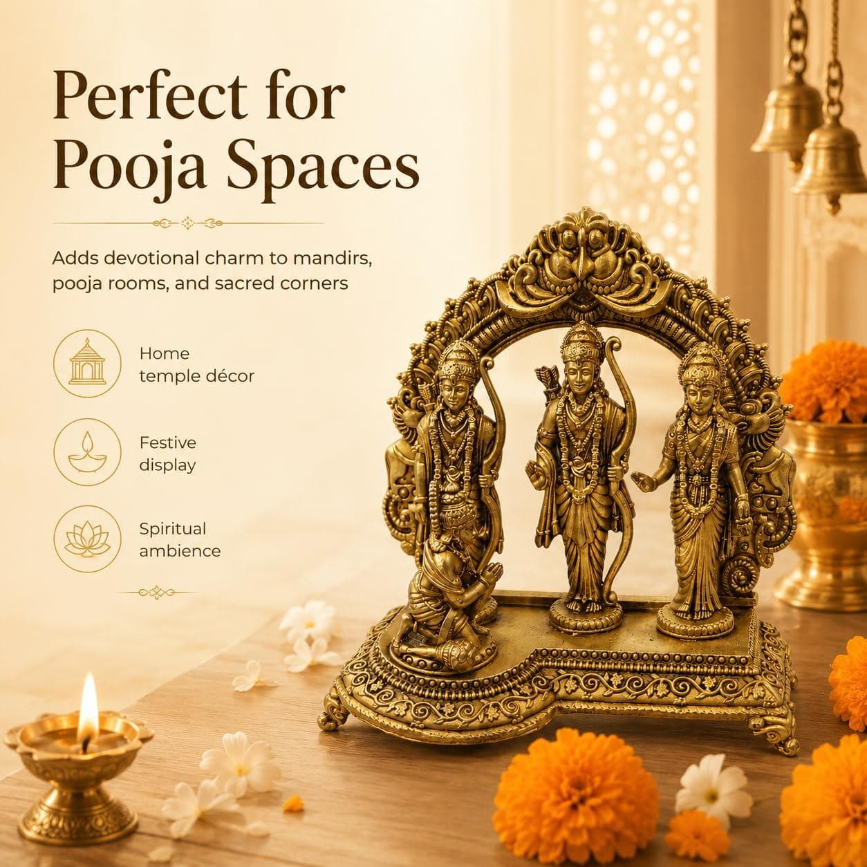 Brass Ram Darbar Idol Set with Hanuman Ji | Traditional Ram Sita Lakshman Idol for Home Mandir, Pooja Room, Temple Décor & Gifting | Antique Gold Finish (Small) 5