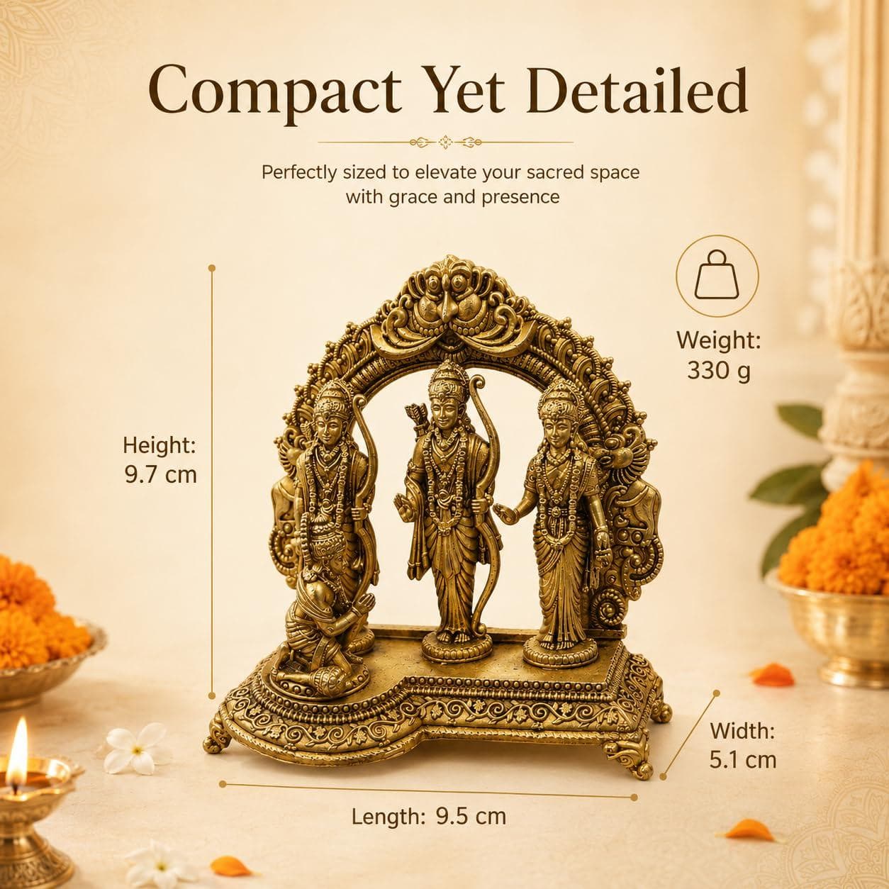 Brass Ram Darbar Idol Set with Hanuman Ji | Traditional Ram Sita Lakshman Idol for Home Mandir, Pooja Room, Temple Décor & Gifting | Antique Gold Finish (Small) 2
