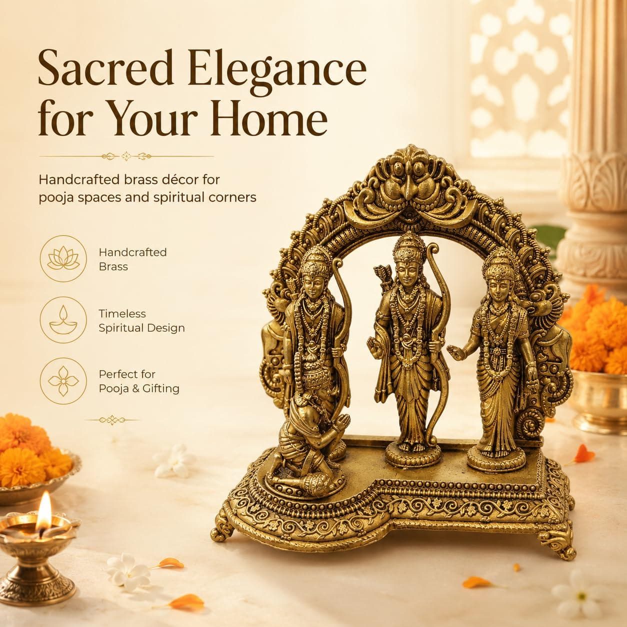 Brass Ram Darbar Idol Set with Hanuman Ji | Traditional Ram Sita Lakshman Idol for Home Mandir, Pooja Room, Temple Décor & Gifting | Antique Gold Finish (Small) 3