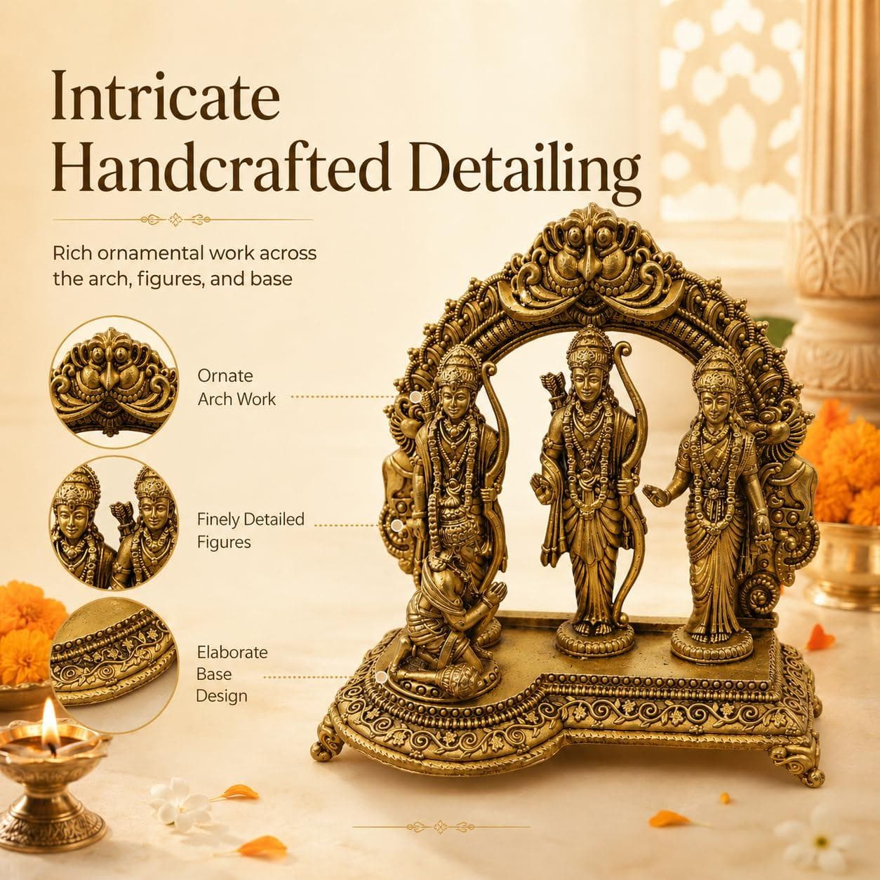 Brass Ram Darbar Idol Set with Hanuman Ji | Traditional Ram Sita Lakshman Idol for Home Mandir, Pooja Room, Temple Décor & Gifting | Antique Gold Finish (Small) 4