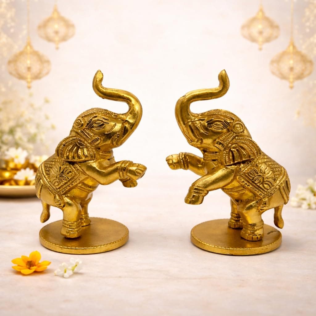 Little Divinity Designed Brass Elephant Figurines Fang Shui – Set of 2, Handcrafted Decorative Elephants for Home & Office, Symbol of Strength, Wisdom & Prosperity, for Good Luck & Decor 2