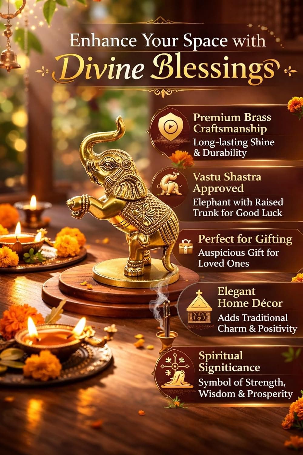 Little Divinity Designed Brass Elephant Figurines Fang Shui – Set of 2, Handcrafted Decorative Elephants for Home & Office, Symbol of Strength, Wisdom & Prosperity, for Good Luck & Decor 6