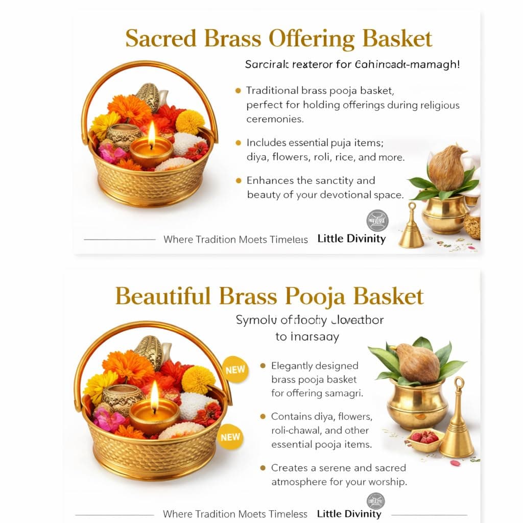 Little Divinity Premium Brass Puja Tokri with Handle, Traditional Round Basket for Temple Puja, Flower & Prasad Use, Multipurpose Brass Basket for Home Decor, Dining Table, Fruit & Gift Item Festive 4