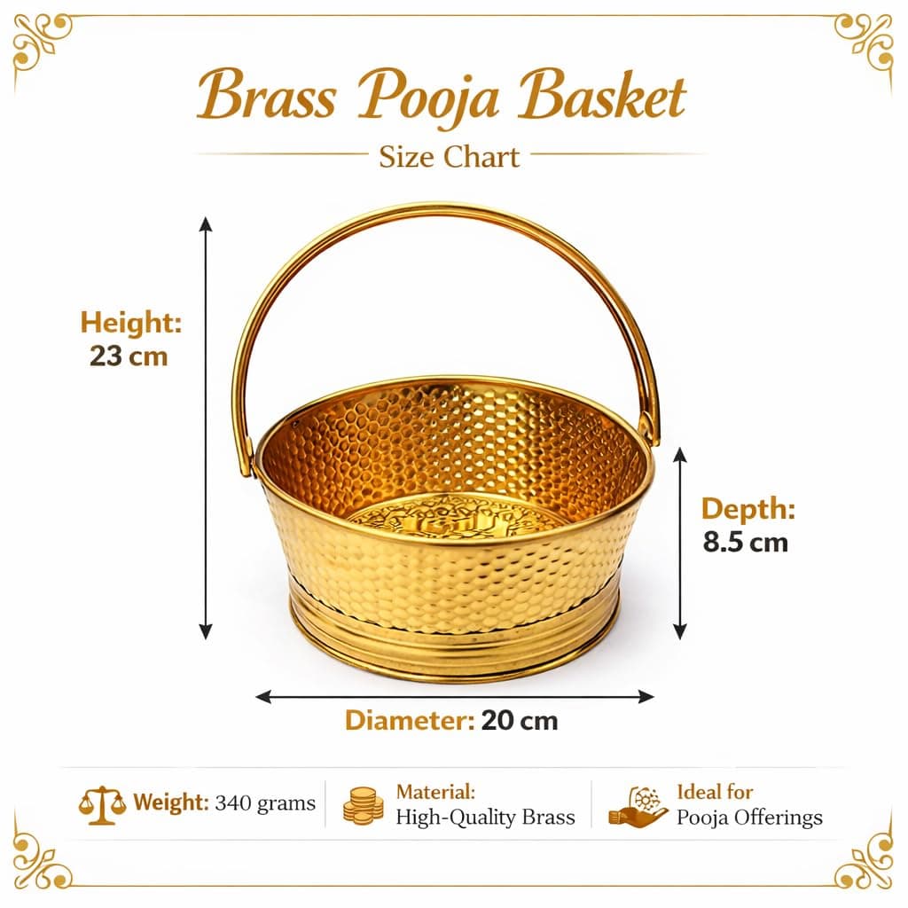 Little Divinity Premium Brass Puja Tokri with Handle, Traditional Round Basket for Temple Puja, Flower & Prasad Use, Multipurpose Brass Basket for Home Decor, Dining Table, Fruit & Gift Item Festive 6