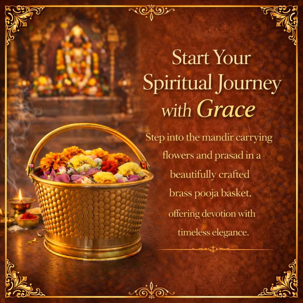 Little Divinity Premium Brass Puja Tokri with Handle, Traditional Round Basket for Temple Puja, Flower & Prasad Use, Multipurpose Brass Basket for Home Decor, Dining Table, Fruit & Gift Item Festive 7
