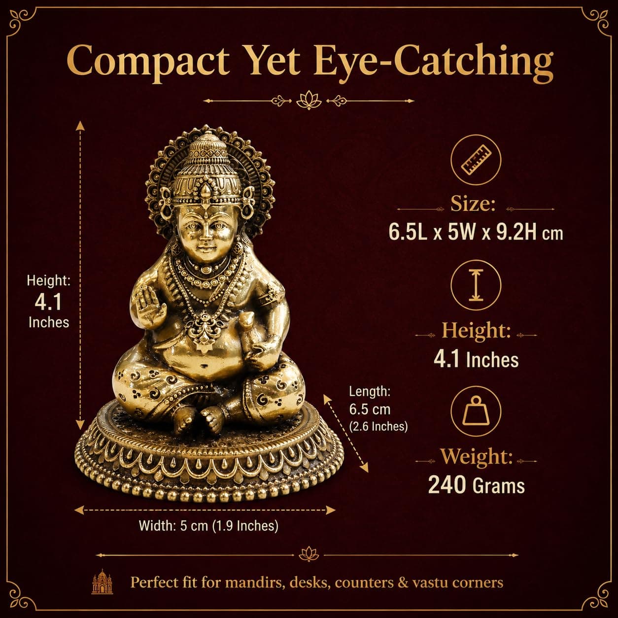 Little Divinity Pure Brass Kuber Ji Statue 4.1 Inches | Lord Kubera Idol for Home Temple, Pooja & Vastu | Hindu God Wealth Murti for Diwali, Housewarming, Office & Shop Decor 2