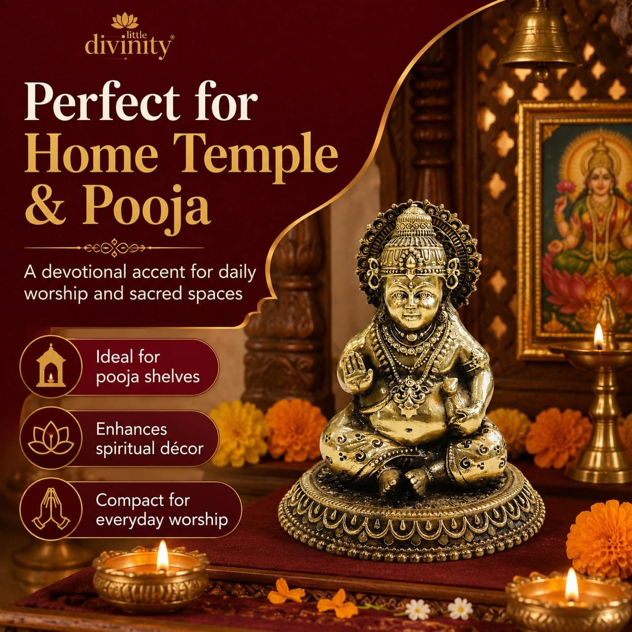 Little Divinity Pure Brass Kuber Ji Statue 4.1 Inches | Lord Kubera Idol for Home Temple, Pooja & Vastu | Hindu God Wealth Murti for Diwali, Housewarming, Office & Shop Decor 5