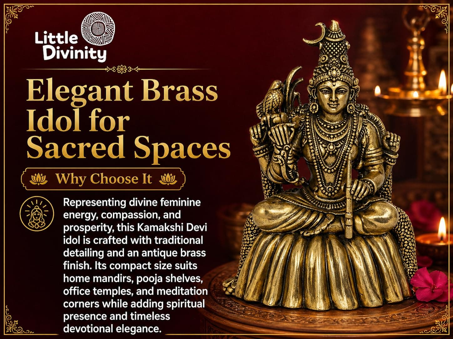 Little Divinity Brass Goddess Kamakshi Devi Idol Tripura Sundari Lalitha Statue 3.8 Inch | Hindu Puja Murti for Home Mandir Decor | Traditional Brass Devi Idol for Diwali Gift Temple Collectible Art 4