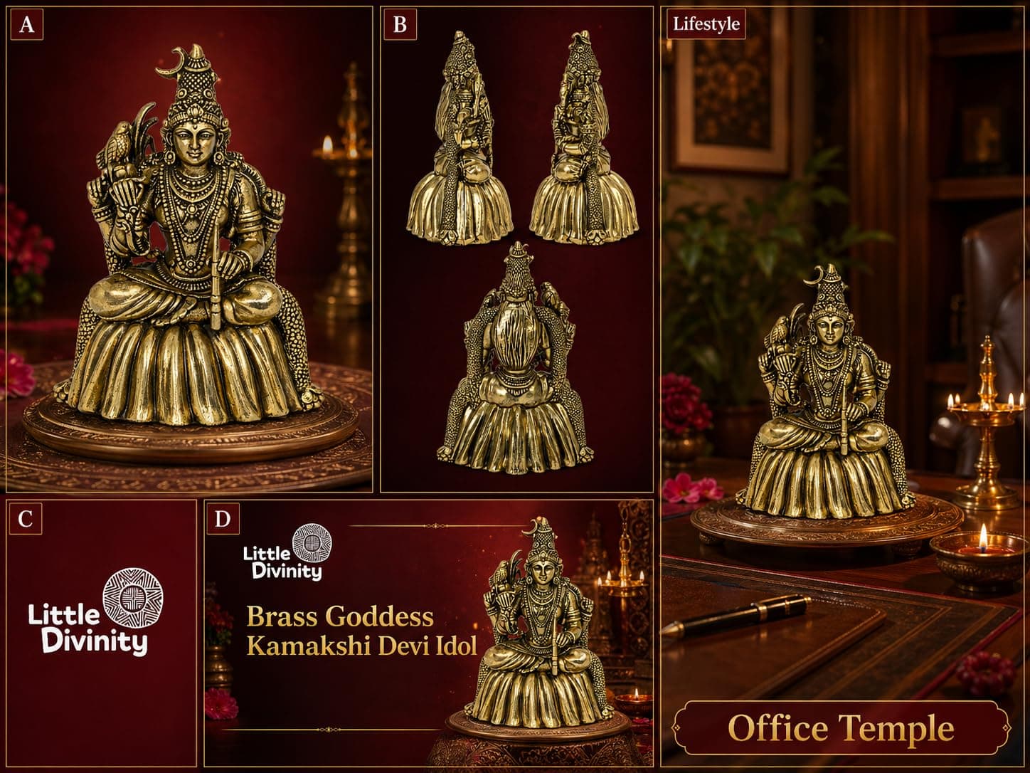 Little Divinity Brass Goddess Kamakshi Devi Idol Tripura Sundari Lalitha Statue 3.8 Inch | Hindu Puja Murti for Home Mandir Decor | Traditional Brass Devi Idol for Diwali Gift Temple Collectible Art 5