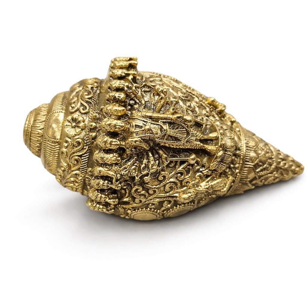 Little Divinity Brass Vishu Shankh Conch with Swastik Kalash | Hindu Puja Decor | Table Top & Wall Hanging | Vastu Feng Shui | Home Temple Office Decor | Diwali Gift | Antique Gold | 4.3 Inch 1