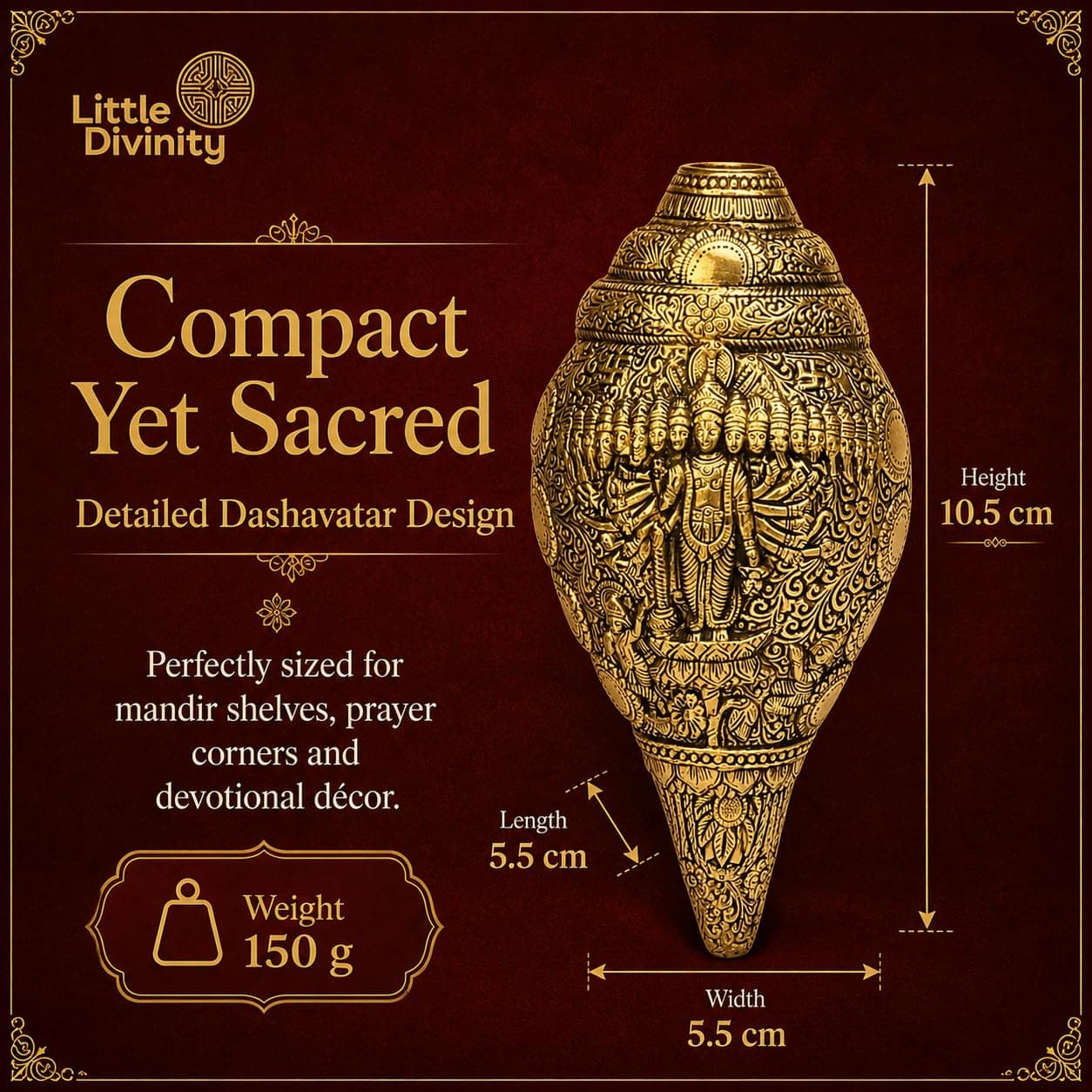 Little Divinity Brass Vishu Shankh Conch with Swastik Kalash | Hindu Puja Decor | Table Top & Wall Hanging | Vastu Feng Shui | Home Temple Office Decor | Diwali Gift | Antique Gold | 4.3 Inch 2