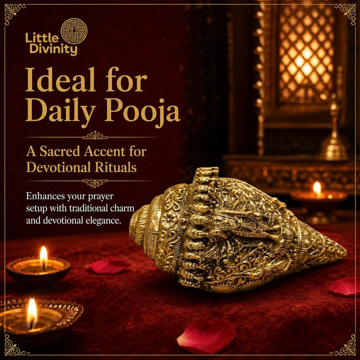 Little Divinity Brass Vishu Shankh Conch with Swastik Kalash | Hindu Puja Decor | Table Top & Wall Hanging | Vastu Feng Shui | Home Temple Office Decor | Diwali Gift | Antique Gold | 4.3 Inch 3