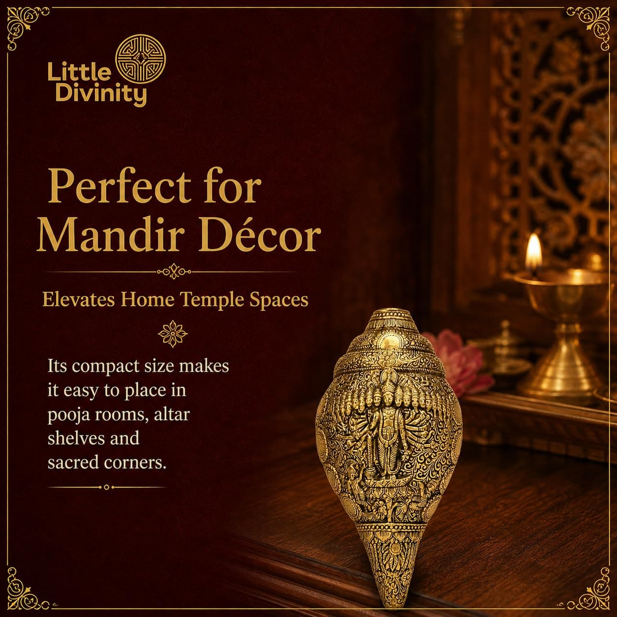 Little Divinity Brass Vishu Shankh Conch with Swastik Kalash | Hindu Puja Decor | Table Top & Wall Hanging | Vastu Feng Shui | Home Temple Office Decor | Diwali Gift | Antique Gold | 4.3 Inch 4
