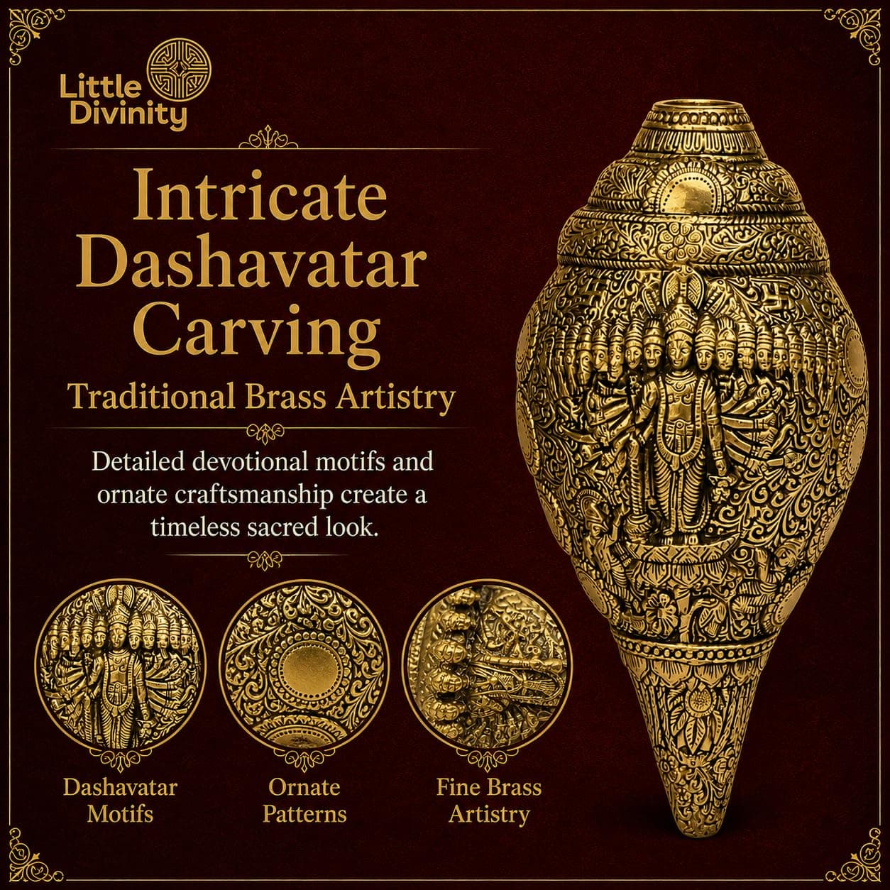 Little Divinity Brass Vishu Shankh Conch with Swastik Kalash | Hindu Puja Decor | Table Top & Wall Hanging | Vastu Feng Shui | Home Temple Office Decor | Diwali Gift | Antique Gold | 4.3 Inch 5