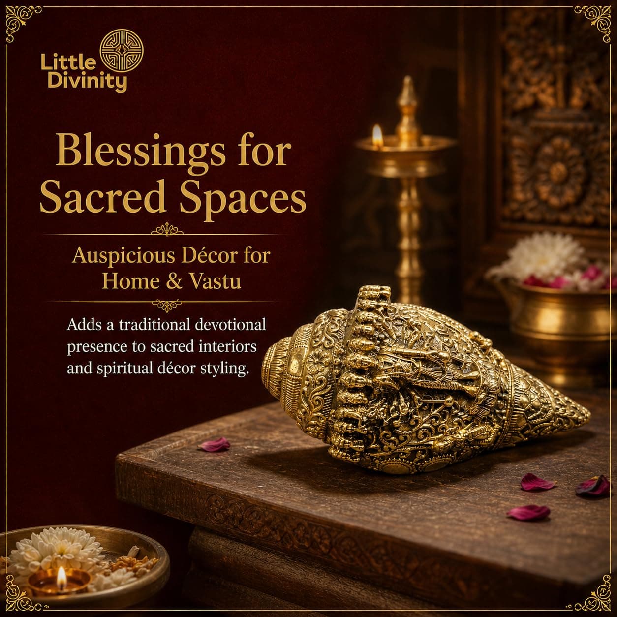 Little Divinity Brass Vishu Shankh Conch with Swastik Kalash | Hindu Puja Decor | Table Top & Wall Hanging | Vastu Feng Shui | Home Temple Office Decor | Diwali Gift | Antique Gold | 4.3 Inch 6