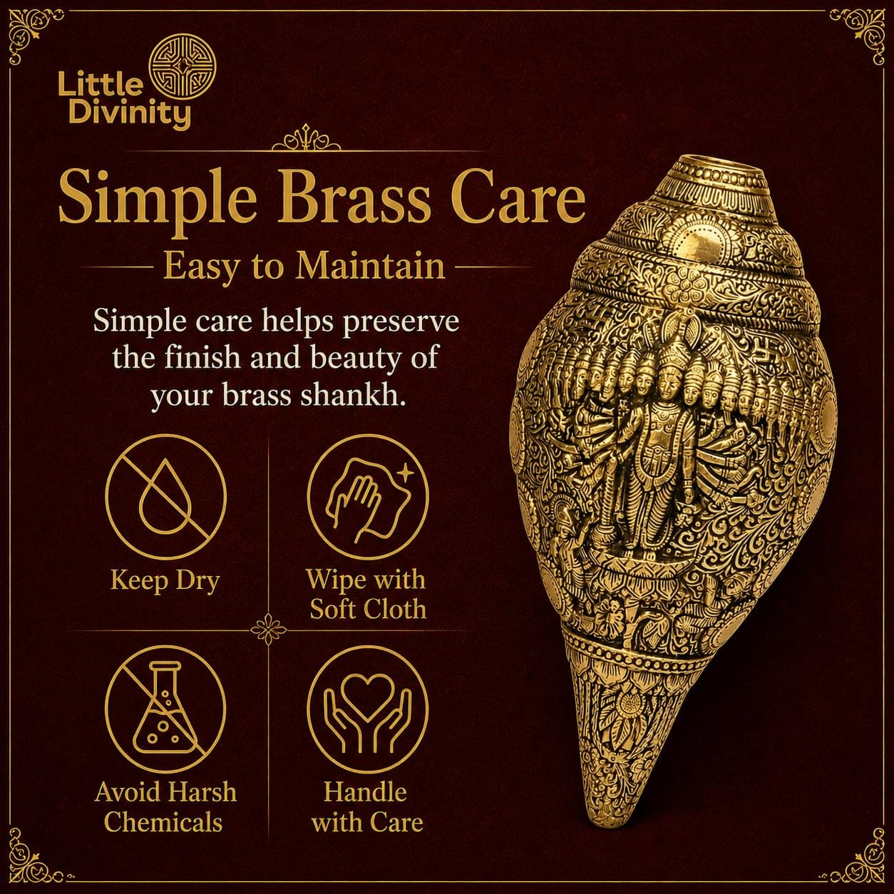 Little Divinity Brass Vishu Shankh Conch with Swastik Kalash | Hindu Puja Decor | Table Top & Wall Hanging | Vastu Feng Shui | Home Temple Office Decor | Diwali Gift | Antique Gold | 4.3 Inch 7