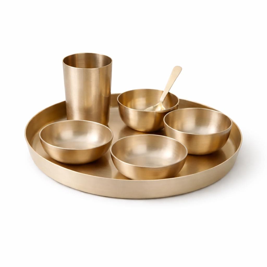 Little Divinity Pure Kansa Dinner Set 6-Piece | Bronze Thali Set with 10.5 Inch Plate, 2 Bowls, Glass, Sweet Dish & Spoon | Matte Finish, Authentic Lead-Free Kansa for Pooja & Daily Use Home Use Set 1