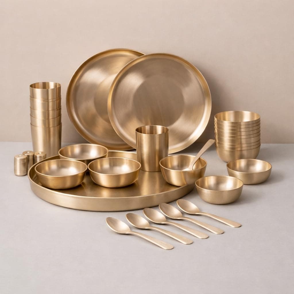 Little Divinity Pure Kansa Dinner Set 6-Piece | Bronze Thali Set with 10.5 Inch Plate, 2 Bowls, Glass, Sweet Dish & Spoon | Matte Finish, Authentic Lead-Free Kansa for Pooja & Daily Use Home Use Set 2