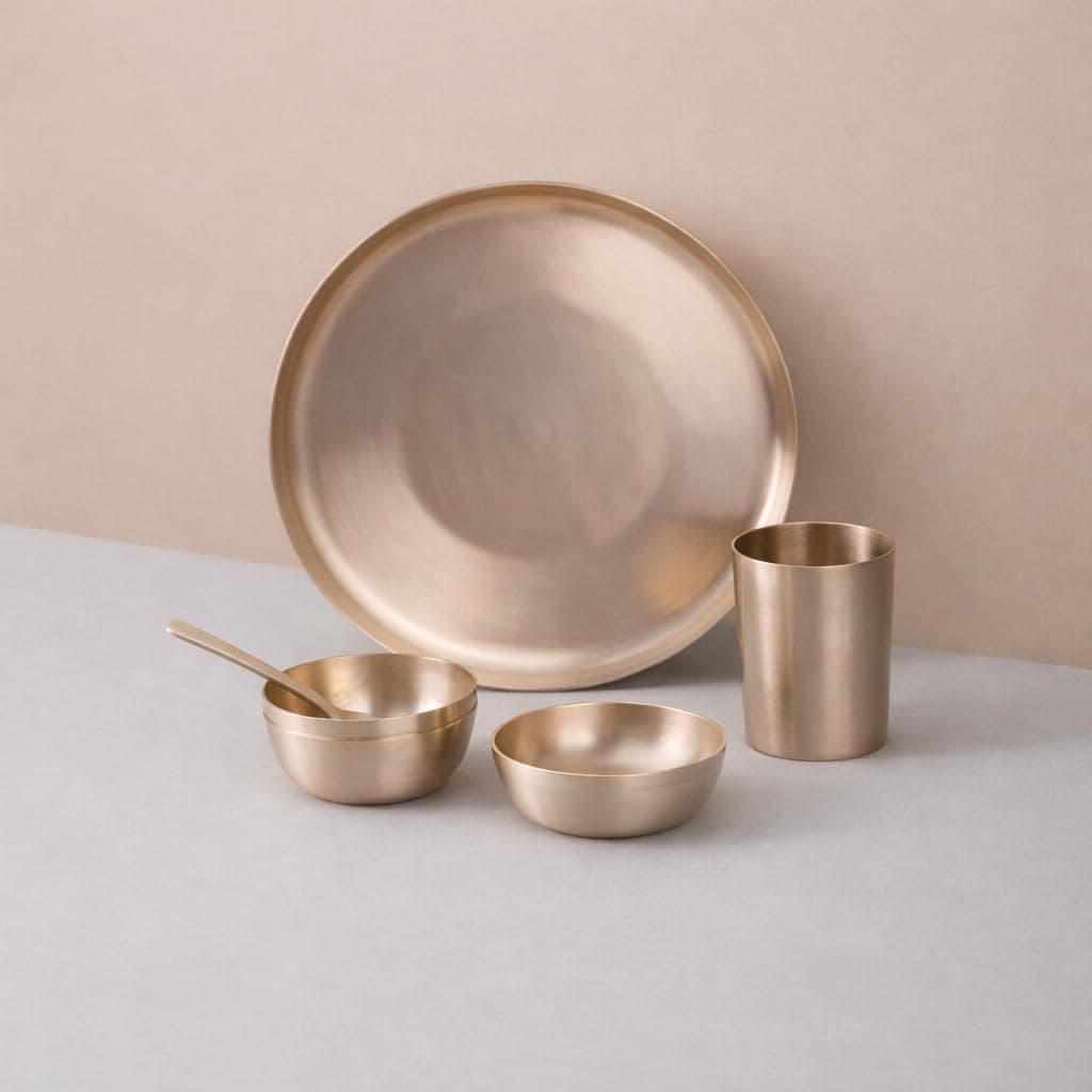 Little Divinity Pure Kansa Dinner Set 6-Piece | Bronze Thali Set with 10.5 Inch Plate, 2 Bowls, Glass, Sweet Dish & Spoon | Matte Finish, Authentic Lead-Free Kansa for Pooja & Daily Use Home Use Set 3