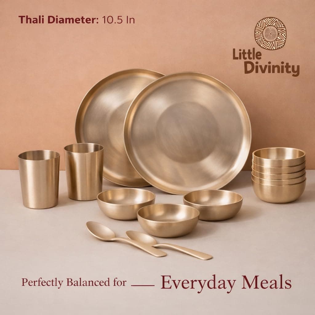 Little Divinity Pure Kansa Dinner Set 6-Piece | Bronze Thali Set with 10.5 Inch Plate, 2 Bowls, Glass, Sweet Dish & Spoon | Matte Finish, Authentic Lead-Free Kansa for Pooja & Daily Use Home Use Set 6