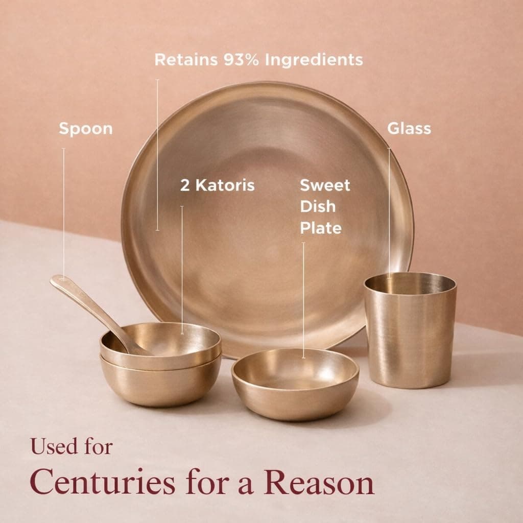 Little Divinity Pure Kansa Dinner Set 6-Piece | Bronze Thali Set with 10.5 Inch Plate, 2 Bowls, Glass, Sweet Dish & Spoon | Matte Finish, Authentic Lead-Free Kansa for Pooja & Daily Use Home Use Set 7