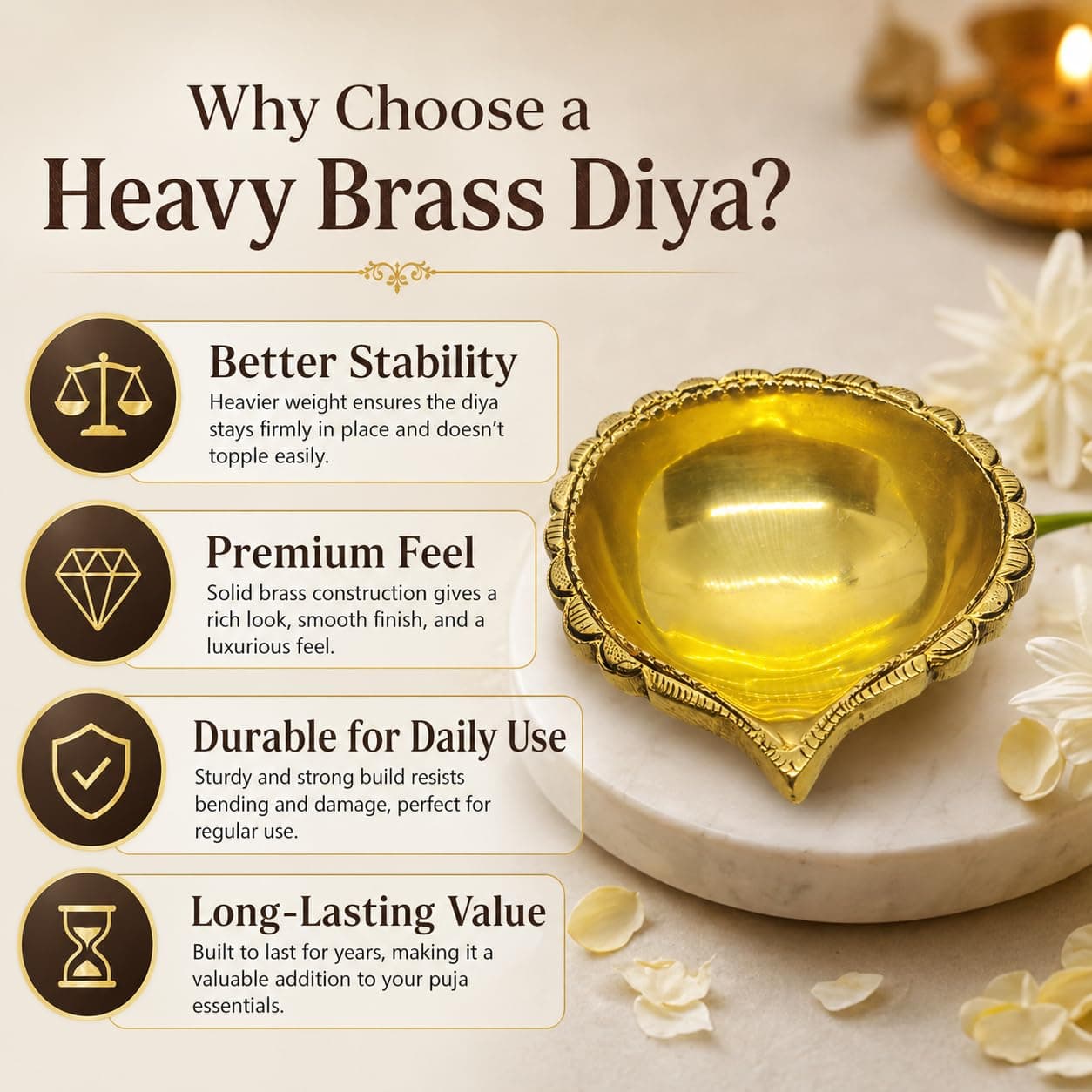 Little Divinity Heavy Premium Brass Diya for Pooja | Traditional Oil Lamp for Home Mandir, Temple, Festival & Décor | 300 Gram 3