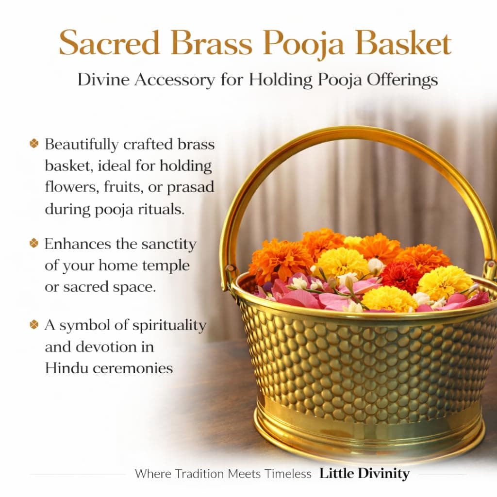 Little Divinity Premium Brass Puja Tokri with Handle, Traditional Round Basket for Temple Puja, Flower & Prasad Use, Multipurpose Brass Basket for Home Decor, Dining Table, Fruit & Gift Item Festive — Lifestyle view